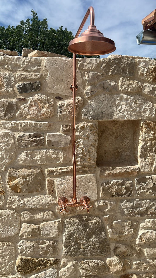 Unlacquered Solid Copper Outdoor Shower — Wall-Mounted Style