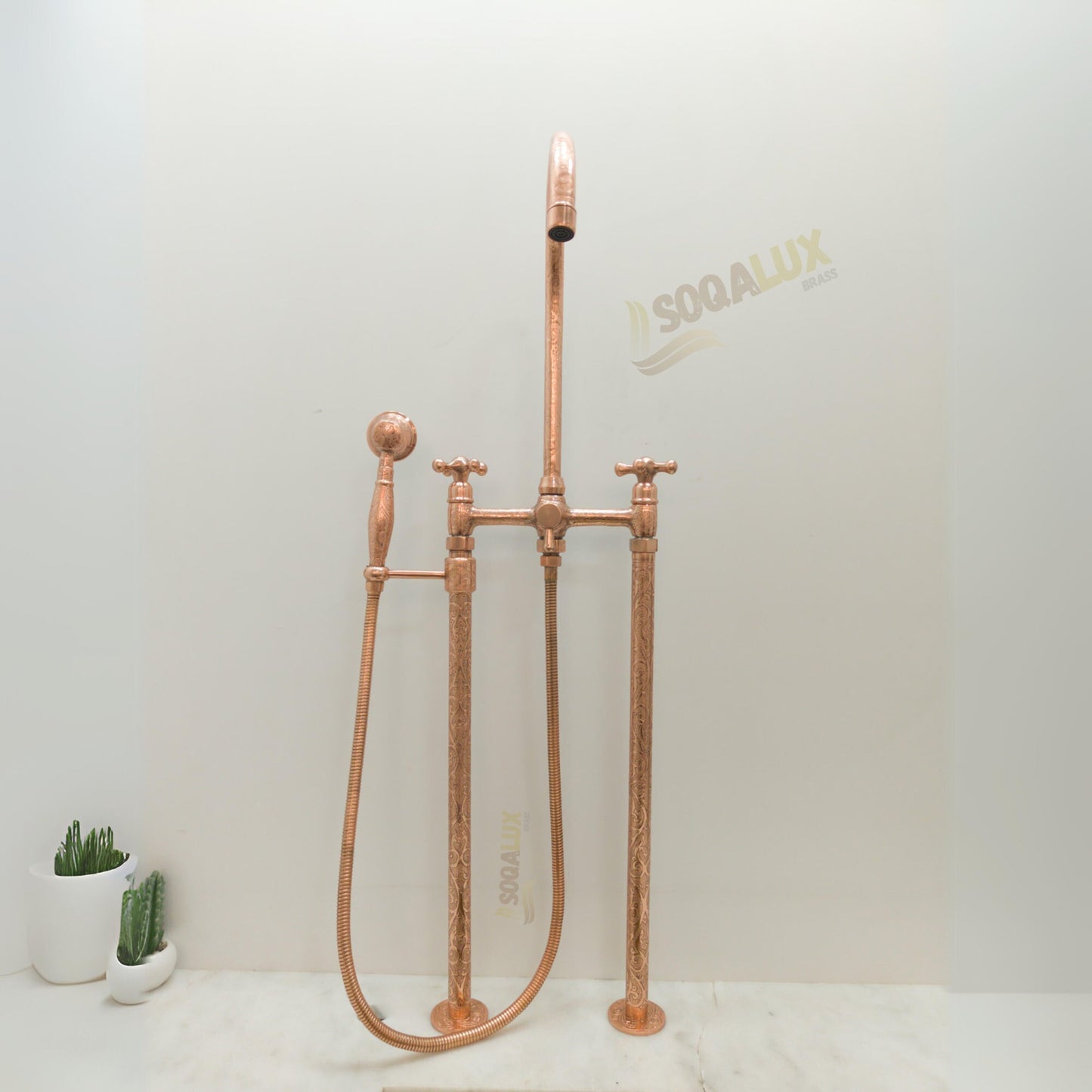 Copper Tub Filler Floor Mounted With Handshower Engraved