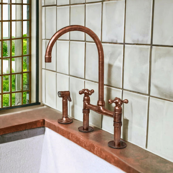 Copper Kitchen Bridge Faucet, Straight Legs Kitchen Faucet, Copper Tap With Styles Different Handles, With Or Without Side Sprayer