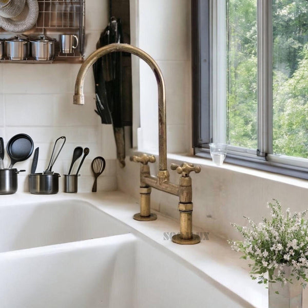 Unlacquered Brass Kitchen Bridge Faucet – Solid Brass, Dual Handles, High-Arc Spout