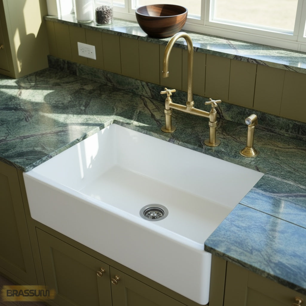 Unlacquered Brass Bridge Kitchen Faucet with Side Sprayer