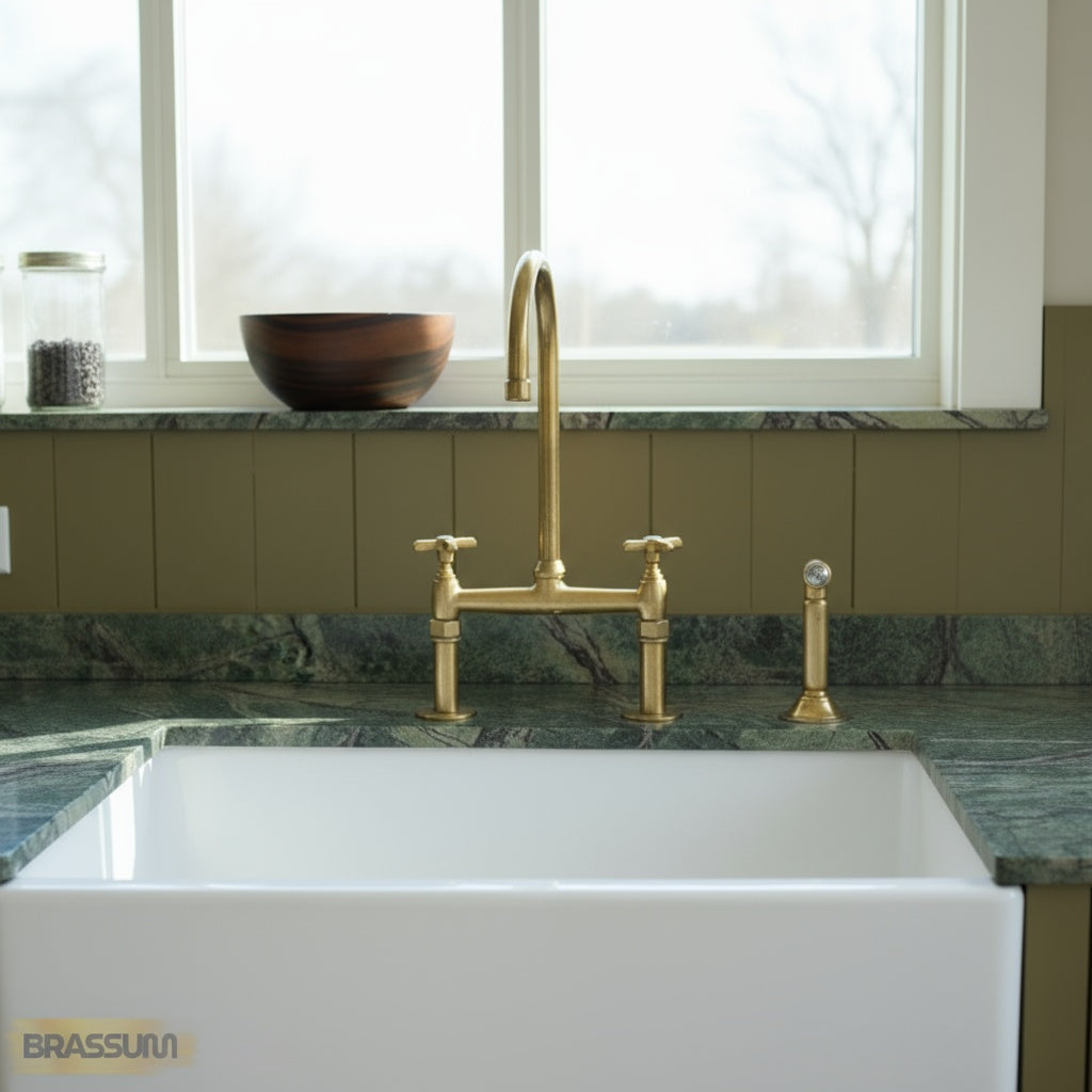 Unlacquered Brass Bridge Kitchen Faucet with Side Sprayer