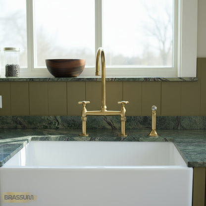 Unlacquered Brass Bridge Kitchen Faucet with Side Sprayer