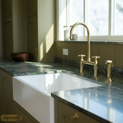 Unlacquered Brass Bridge Kitchen Faucet with Side Sprayer
