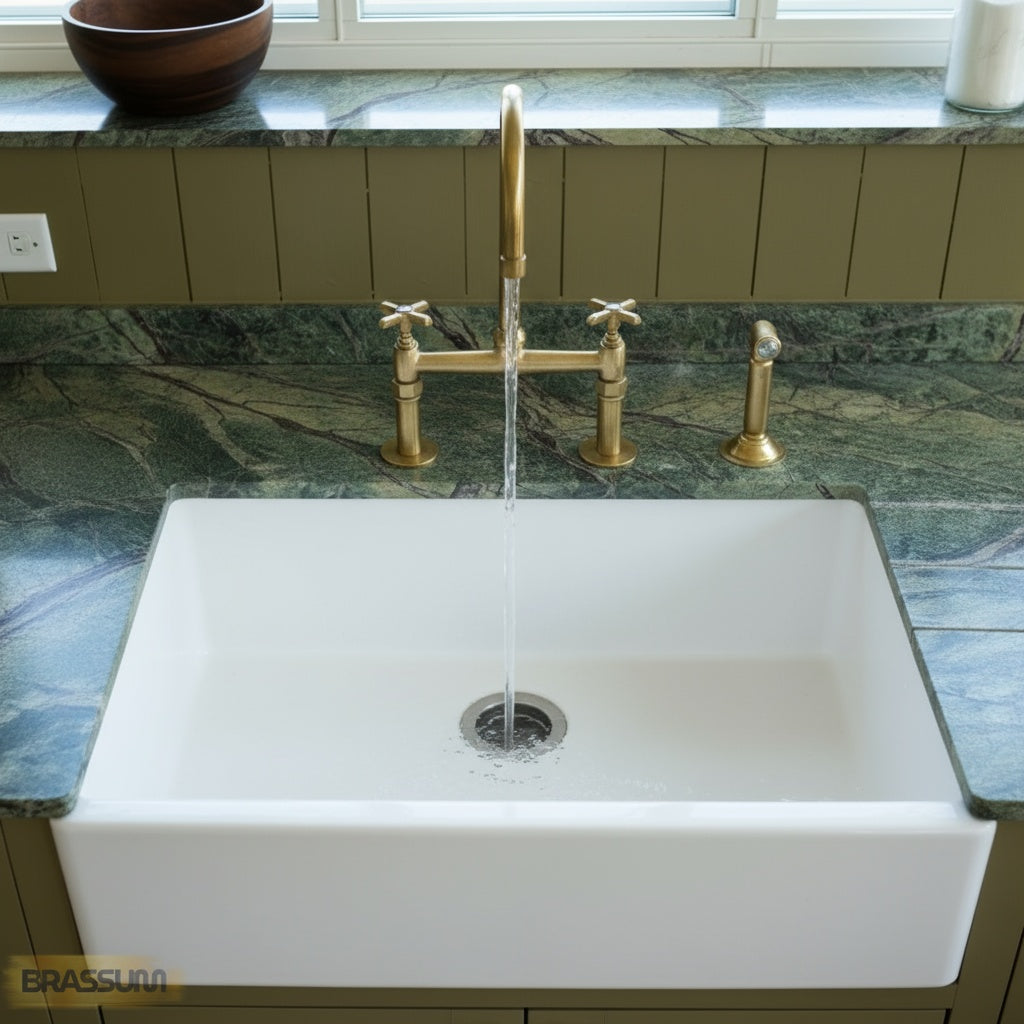Unlacquered Brass Bridge Kitchen Faucet with Side Sprayer