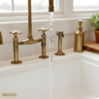 Unlacquered Brass Antique Bridge Kitchen Faucet with Side Spray