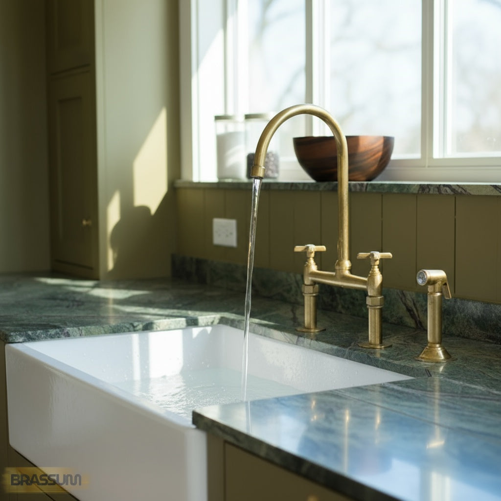 Unlacquered Brass Bridge Kitchen Faucet with Side Sprayer