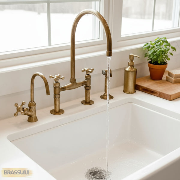 Unlacquered Brass Bridge Kitchen Faucet with Side Spray – Solid Brass, Gooseneck Spout, Patina Finish, Farmhouse Sink Tap
