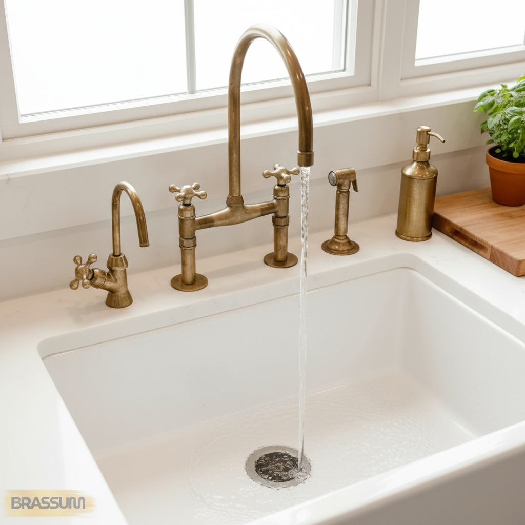 Unlacquered Brass Antique Bridge Kitchen Faucet with Side Spray