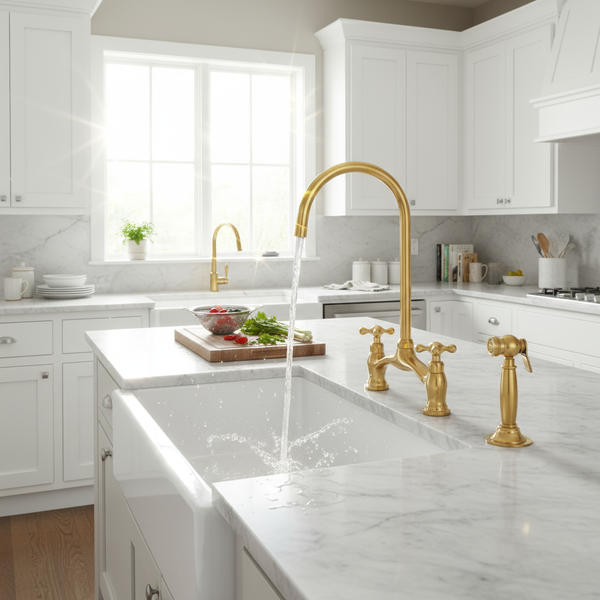 Unlacquered Brass Bridge Faucet with Side Spray – Solid Brass Kitchen Tap, High-Arc Spout