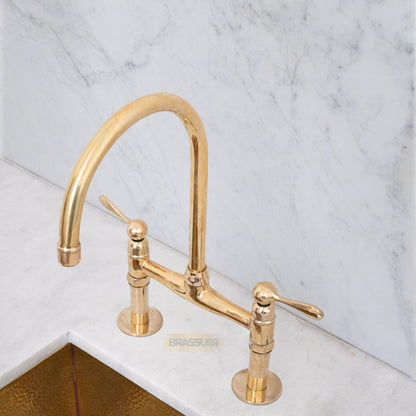 Unlacquered Brass Bridge Kitchen Faucet Set with Sprayer