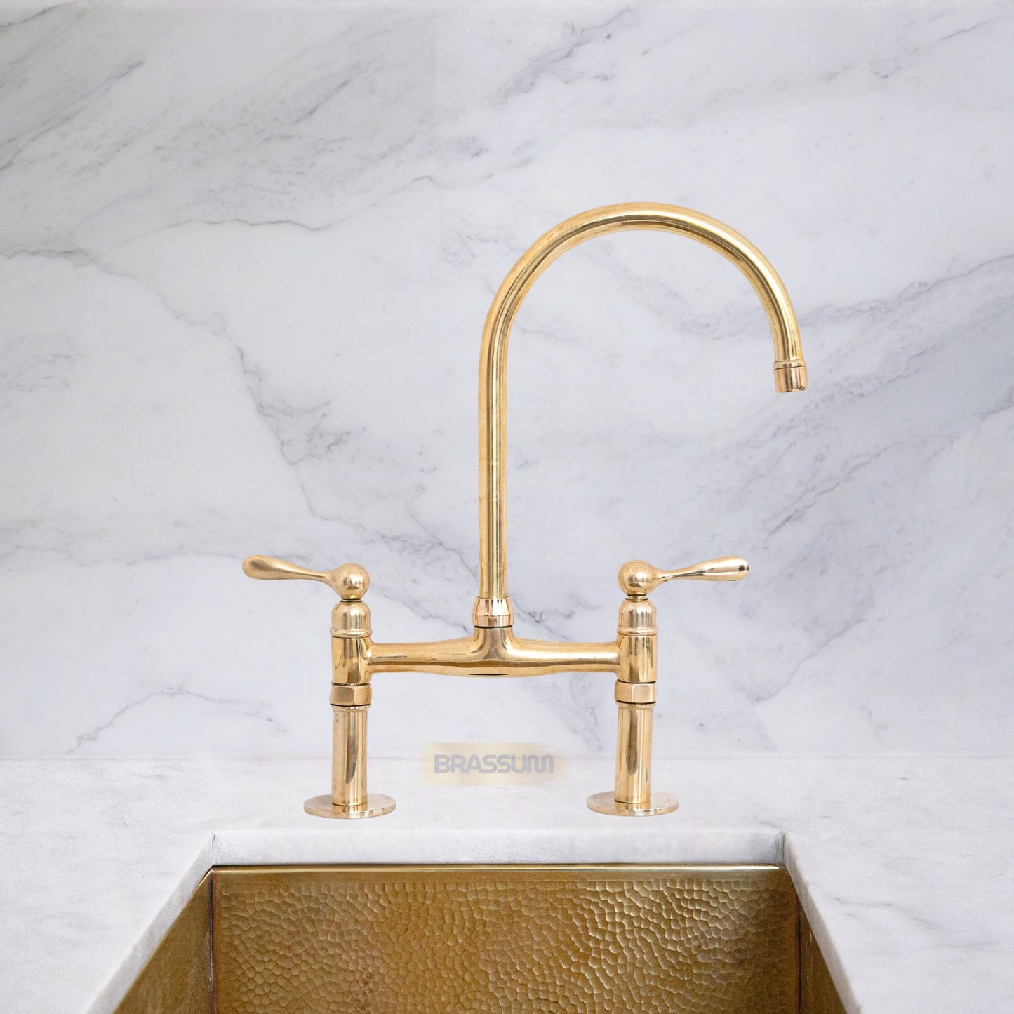 Unlacquered Brass Bridge Kitchen Faucet Set with Sprayer