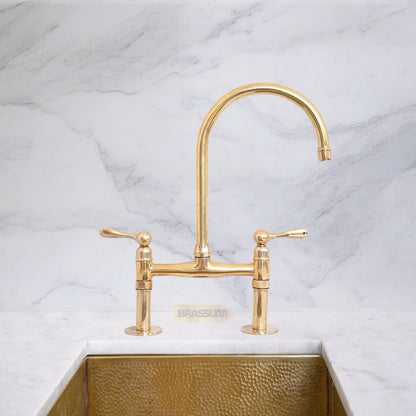 Unlacquered Brass Bridge Kitchen Faucet Set with Sprayer
