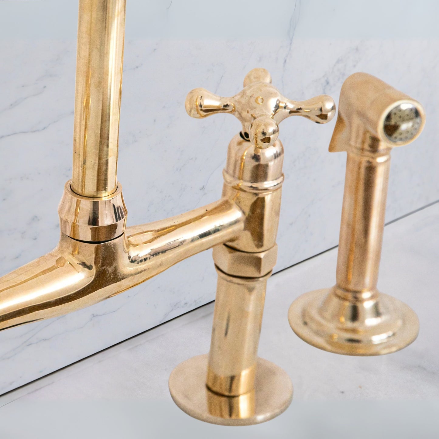 Unlacquered Brass Bridge Kitchen Faucet Set with Sprayer