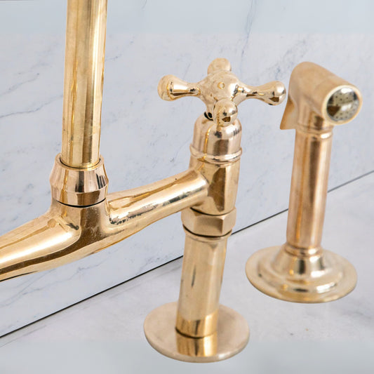 Unlacquered Brass Bridge Kitchen Faucet Set with Sprayer