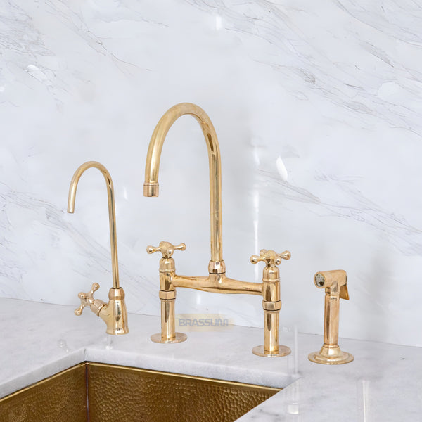 Unlacquered Brass Bridge Kitchen Faucet Set with Sprayer – Handmade Solid Brass, Natural Patina Finish
