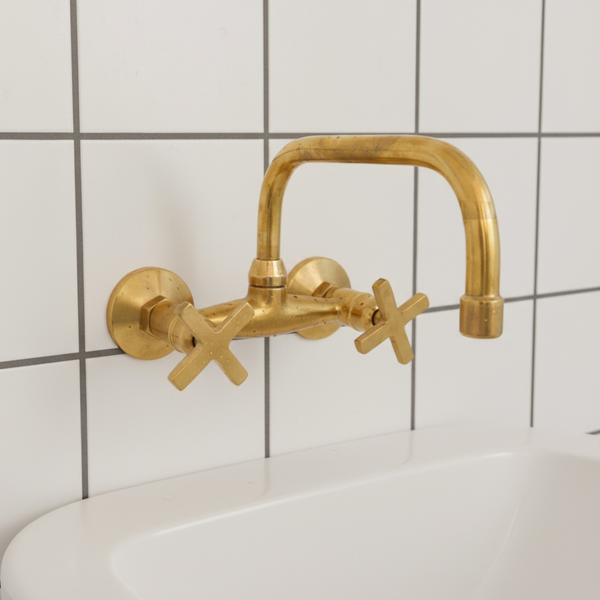 Unlacquered Brass Bathroom Sink Faucet, Solid Brass Wall Mounted Faucet