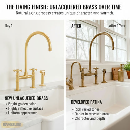 Unlacquered Brass Antique Bridge Kitchen Faucet with Side Spray