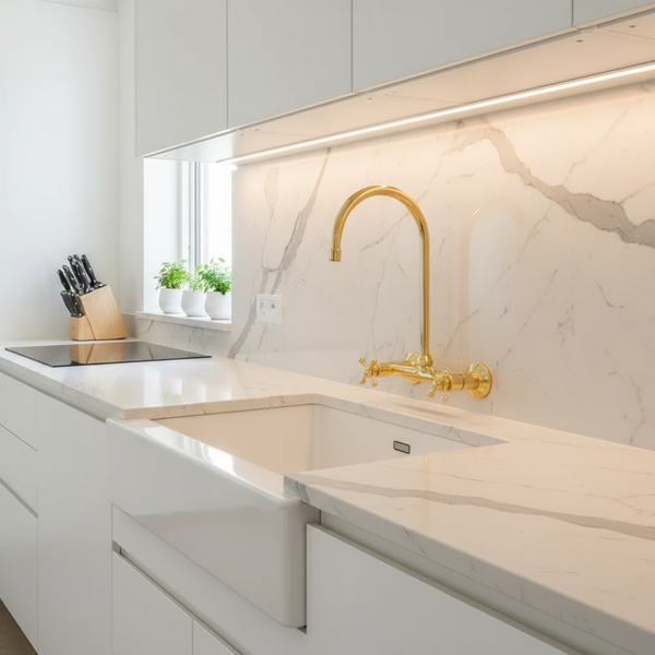 Wall-Mount Unlacquered Brass Faucet, Handmade Gooseneck, Cross Handles
