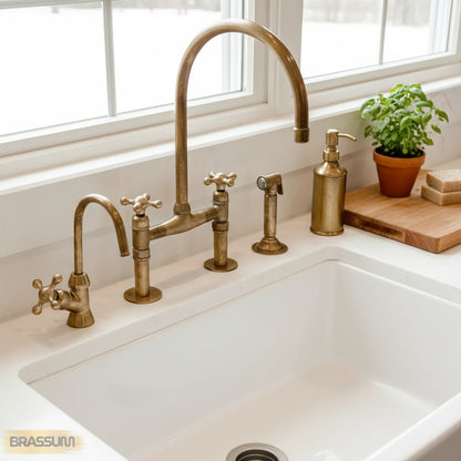Unlacquered Brass Antique Bridge Kitchen Faucet with Side Spray