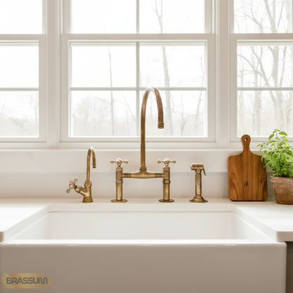 Unlacquered Brass Antique Bridge Kitchen Faucet with Side Spray