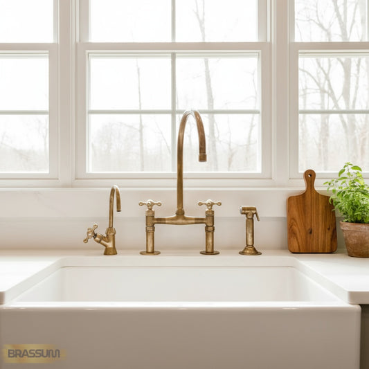 Unlacquered Brass Antique Bridge Kitchen Faucet with Side Spray