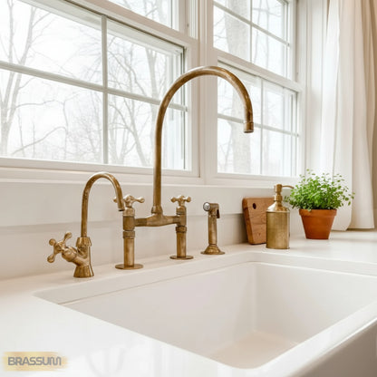 Unlacquered Brass Antique Bridge Kitchen Faucet with Side Spray