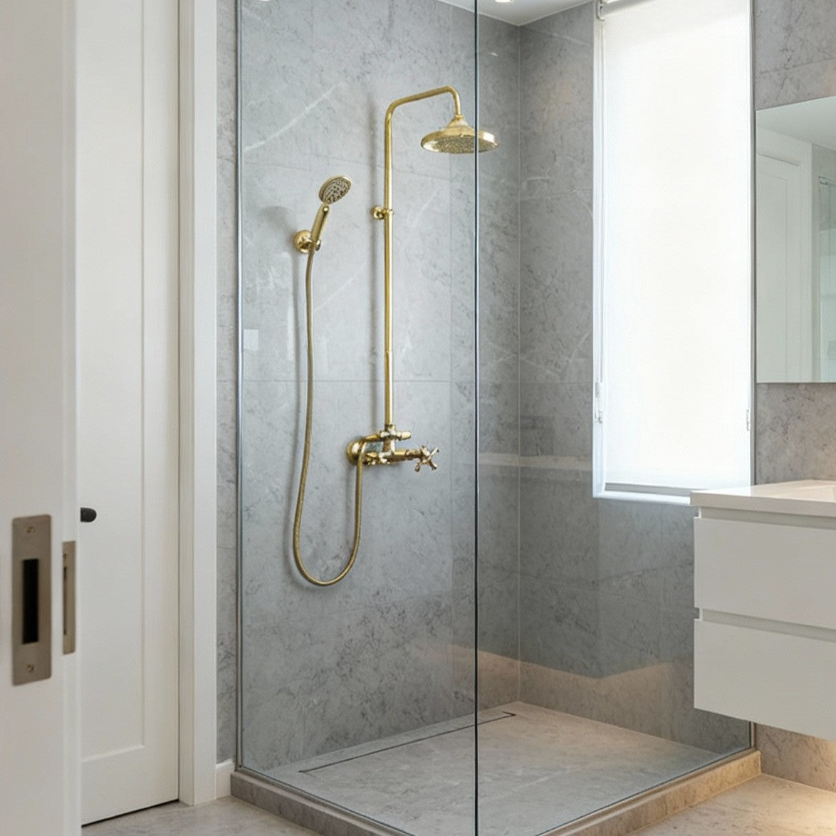 Unlacquered Brass Shower System with Handheld