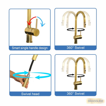 Unlacquered Brass Pull Down Kitchen Faucet – Single Handle, 360° Swivel