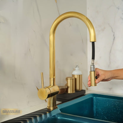 Unlacquered Brass Pull Down Kitchen Faucet – Single Handle, 360° Swivel