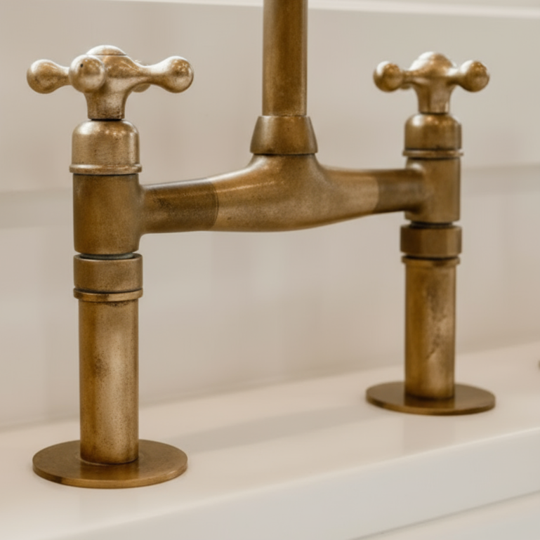 Unlacquered Brass Antique Bridge Kitchen Faucet with Side Spray