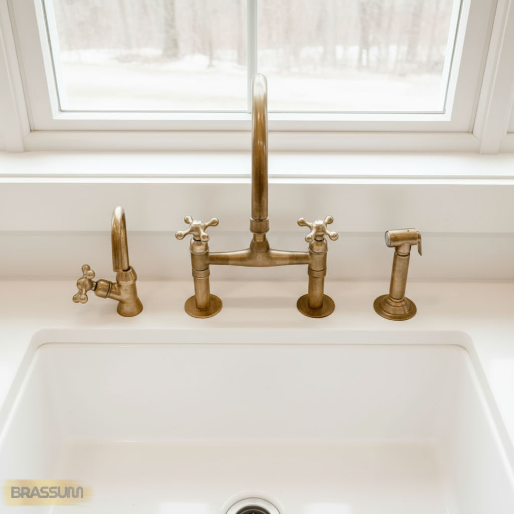 Unlacquered Brass Antique Bridge Kitchen Faucet with Side Spray