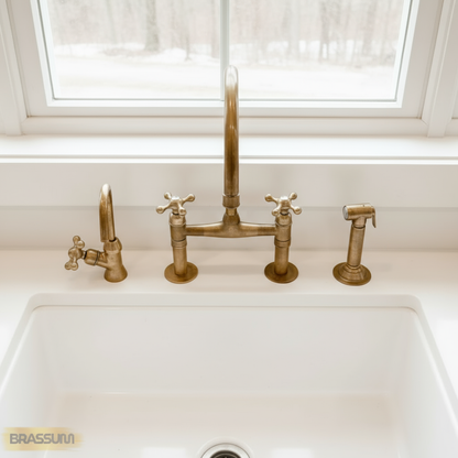 Unlacquered Brass Antique Bridge Kitchen Faucet with Side Spray