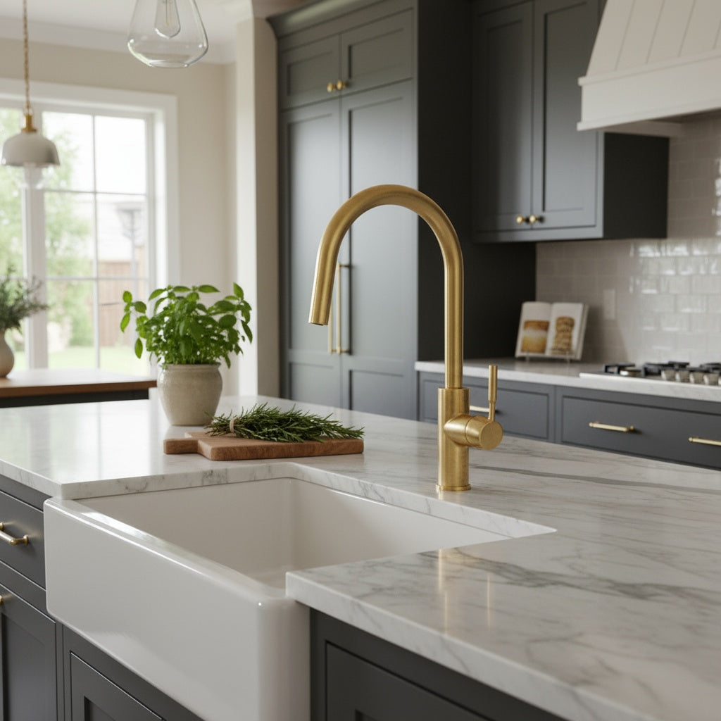 Unlacquered Brass Pull Down Kitchen Faucet – Single Handle, 360° Swivel