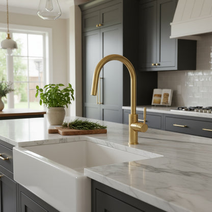 Unlacquered Brass Pull Down Kitchen Faucet – Single Handle, 360° Swivel