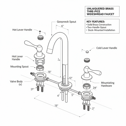 Unlacquered Brass Faucet – 3-Hole Deck Mount