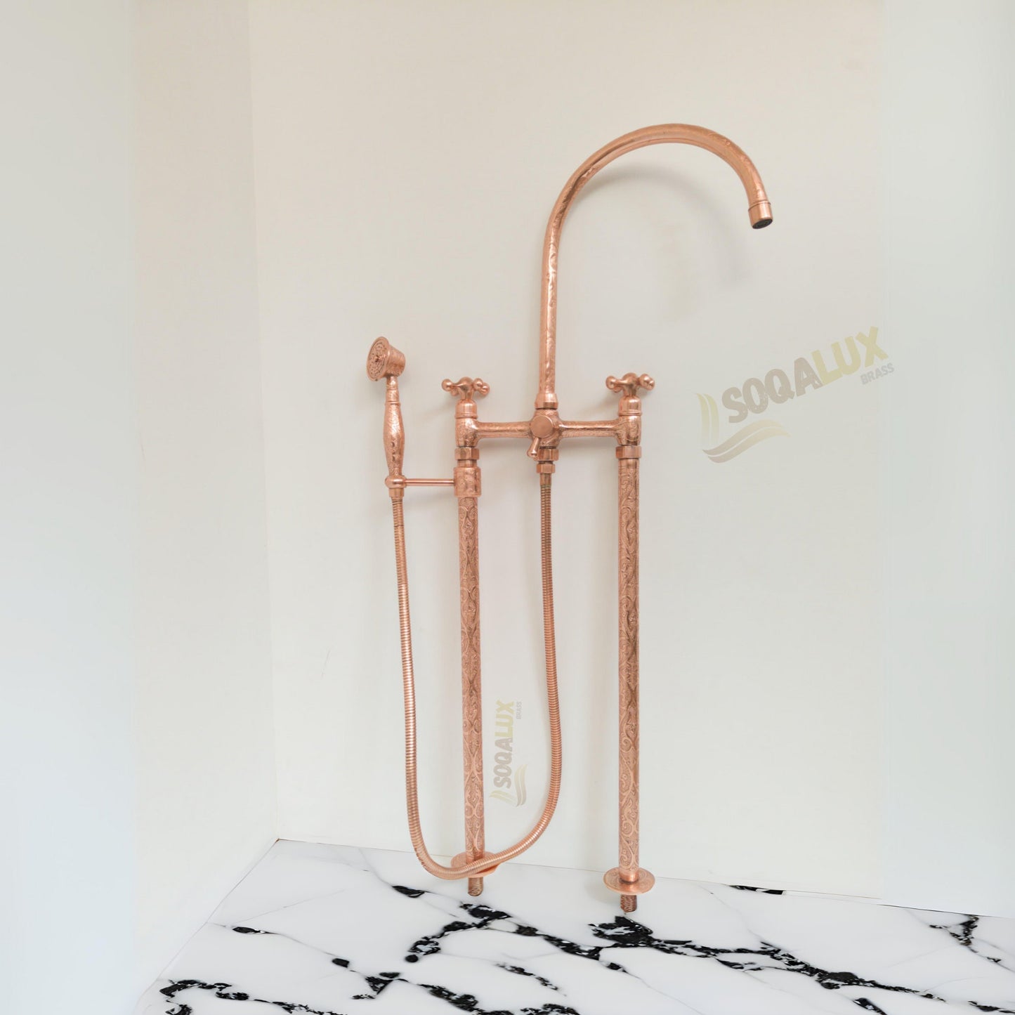 Copper Tub Filler Floor Mounted With Handshower Engraved