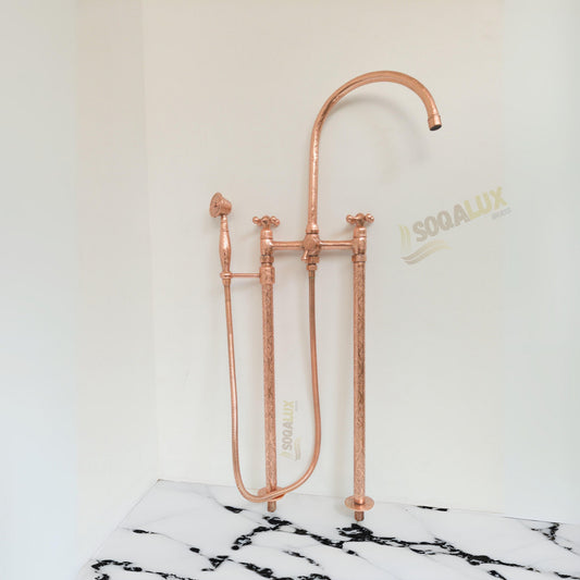 Copper Tub Filler Floor Mounted With Handshower Engraved