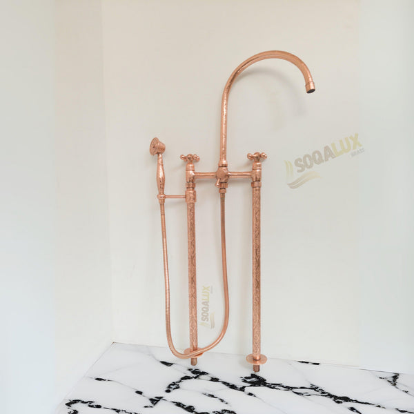 Unlacquered Solid copper Floor Mounted Tub Filler With Handshower Engraved