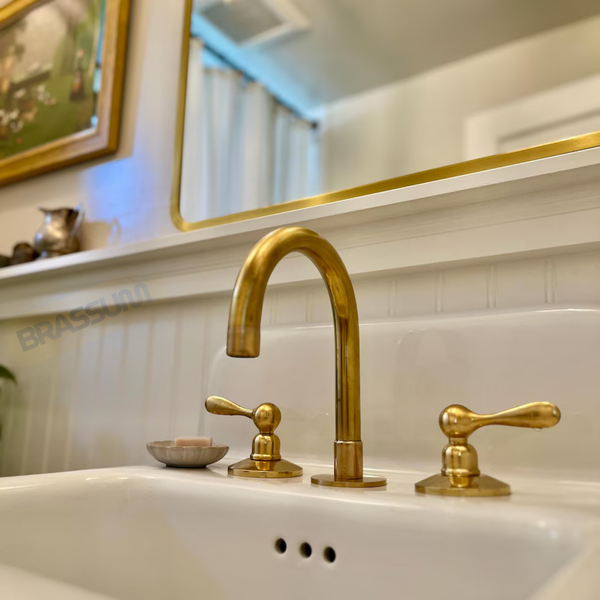 Widespread 3-Hole Unlacquered Brass Faucet – Antique Bathroom Vanity Sink Tap Set