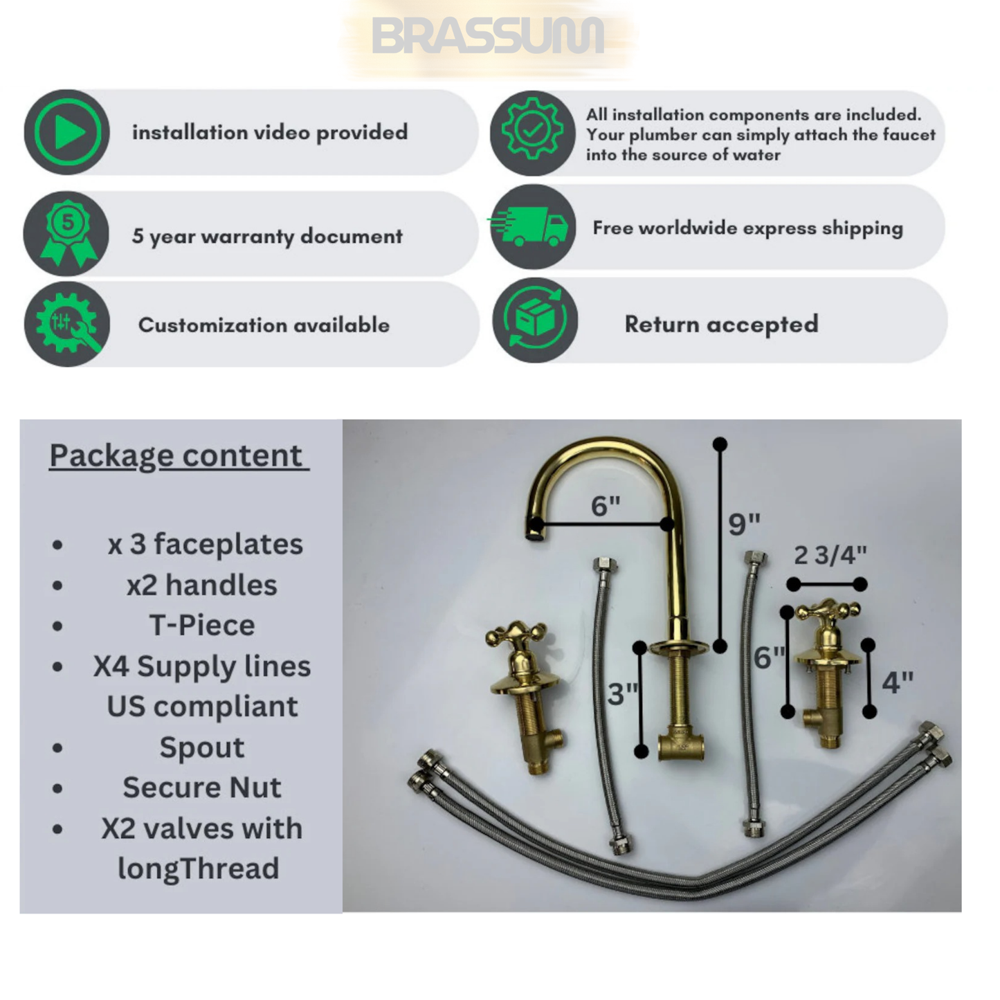 Widespread 3-Hole Unlacquered Brass Faucet