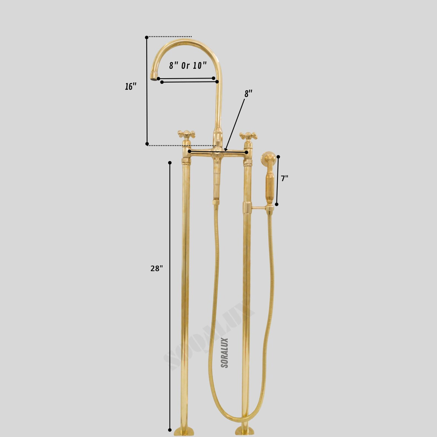 Unlacquered Brass Freestanding Bathtub Faucet with Hand Shower