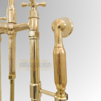 Unlacquered Brass Freestanding Bathtub Faucet with Hand Shower