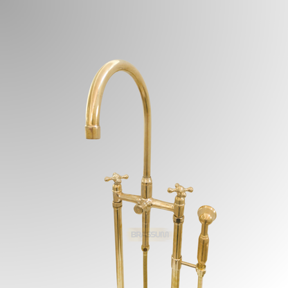 Unlacquered Brass Freestanding Bathtub Faucet with Hand Shower