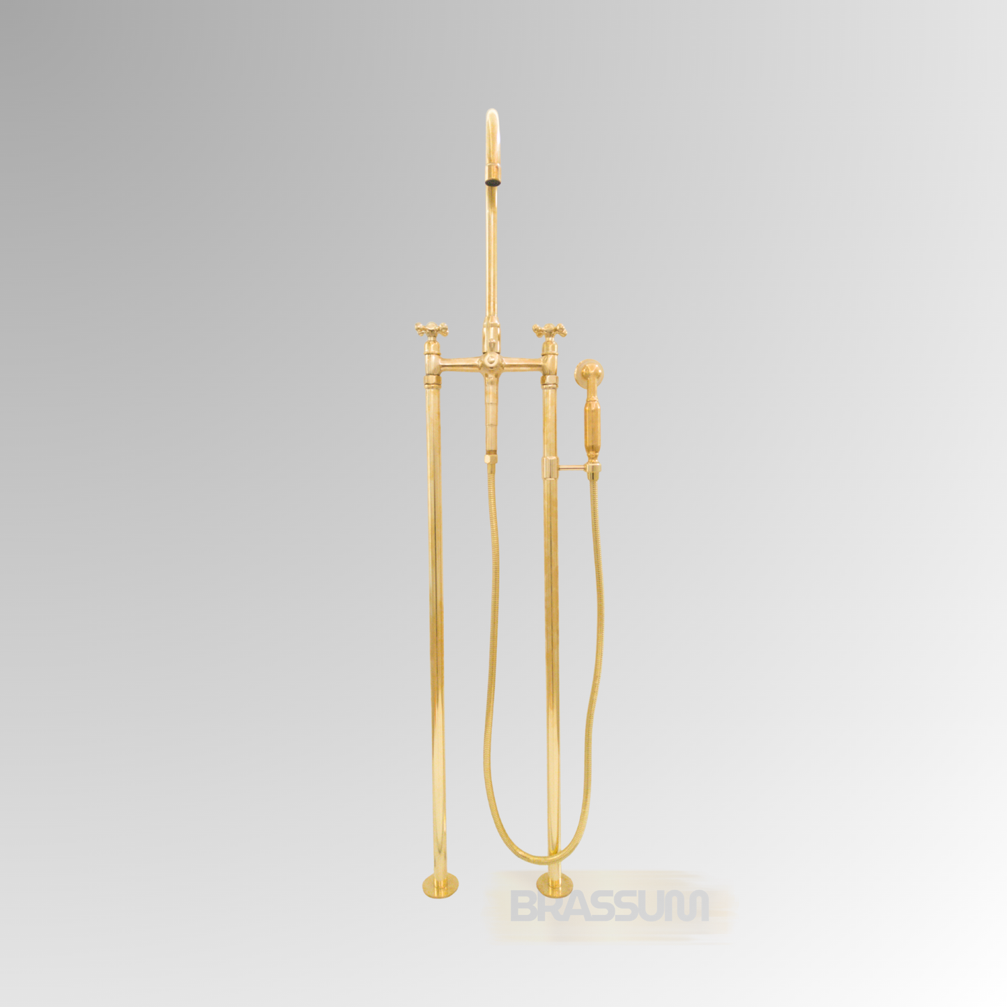 Unlacquered Brass Freestanding Bathtub Faucet with Hand Shower