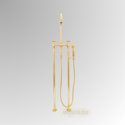 Unlacquered Brass Freestanding Bathtub Faucet with Hand Shower