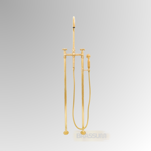 Unlacquered Brass Freestanding Bathtub Faucet with Hand Shower