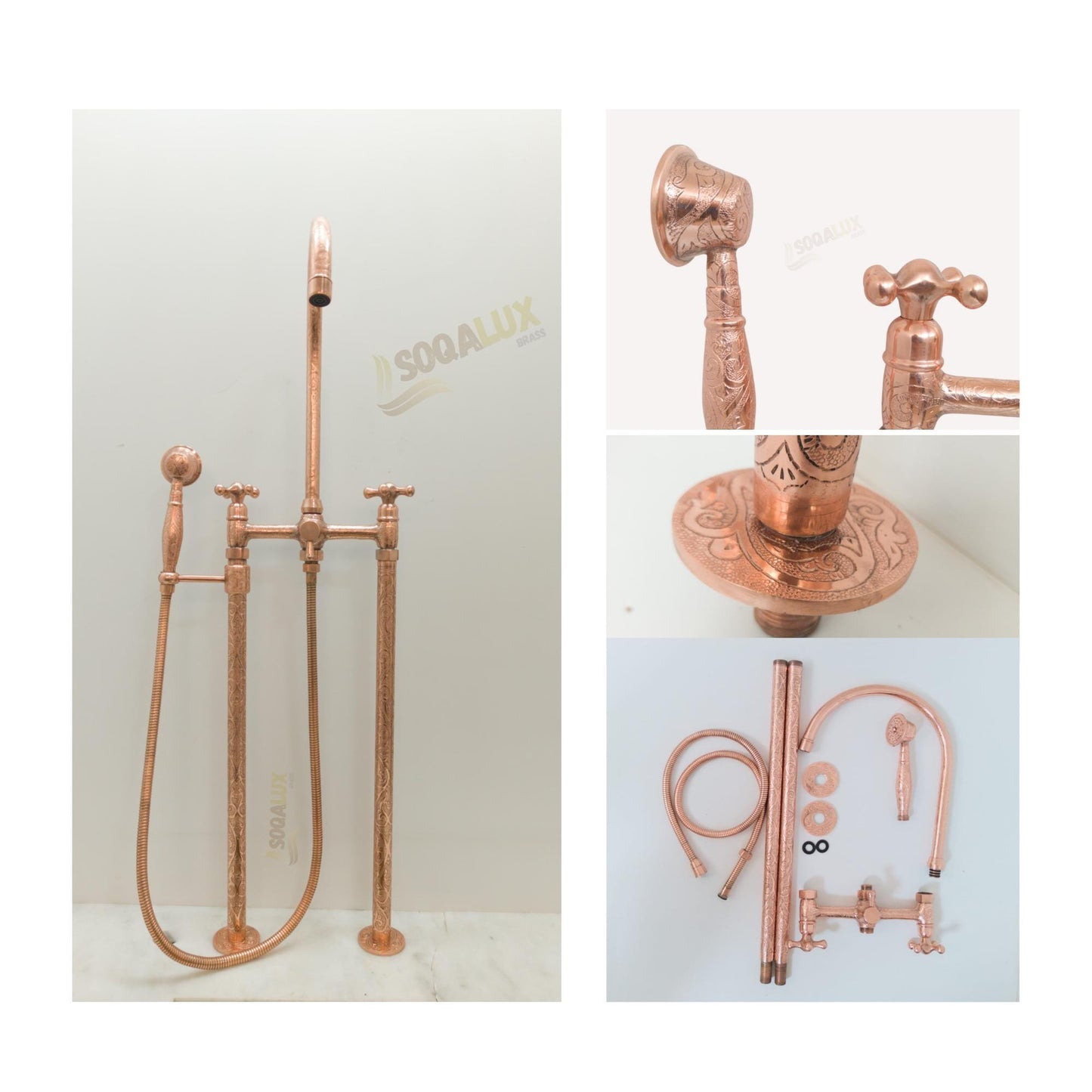 Copper Tub Filler Floor Mounted With Handshower Engraved