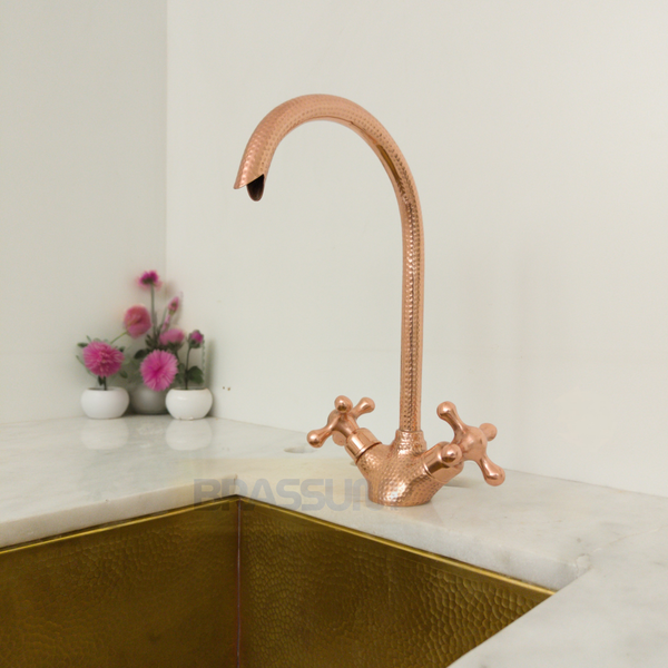 Handmade Hammered Copper Bathroom Faucet – Solid Copper Double Handle Mixer Tap