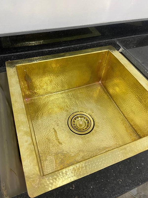 Undermount Hammered Sink - Solid Unlacquered Brass for Kitchen, Bar, Outdoor Use & Custom Drain Strainer Included